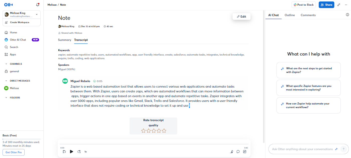 Interface of Otter.ai - the most liked free online audio to text transcription tool