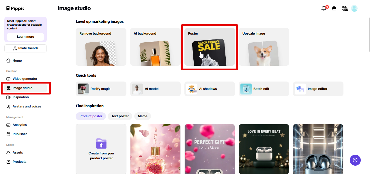 Accessing Image Studio quick tool in Pippit