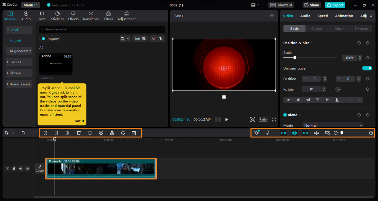 Applying split scenes and creating clip in CapCut editor