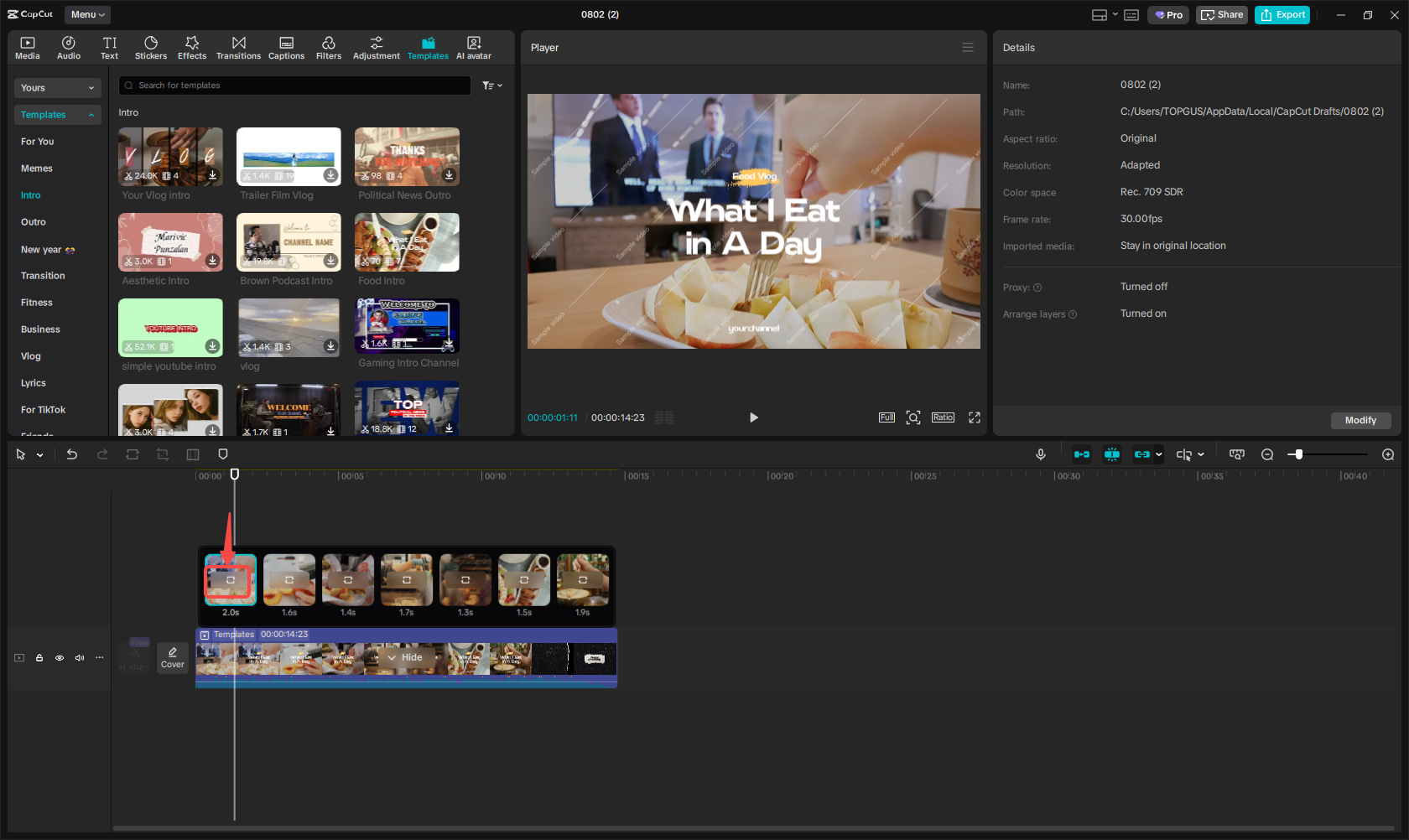 Selecting the intro template in CapCut