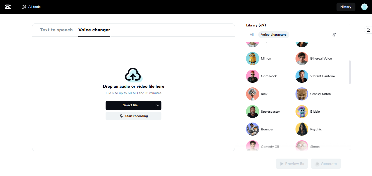 CapCut Web voice changer interface