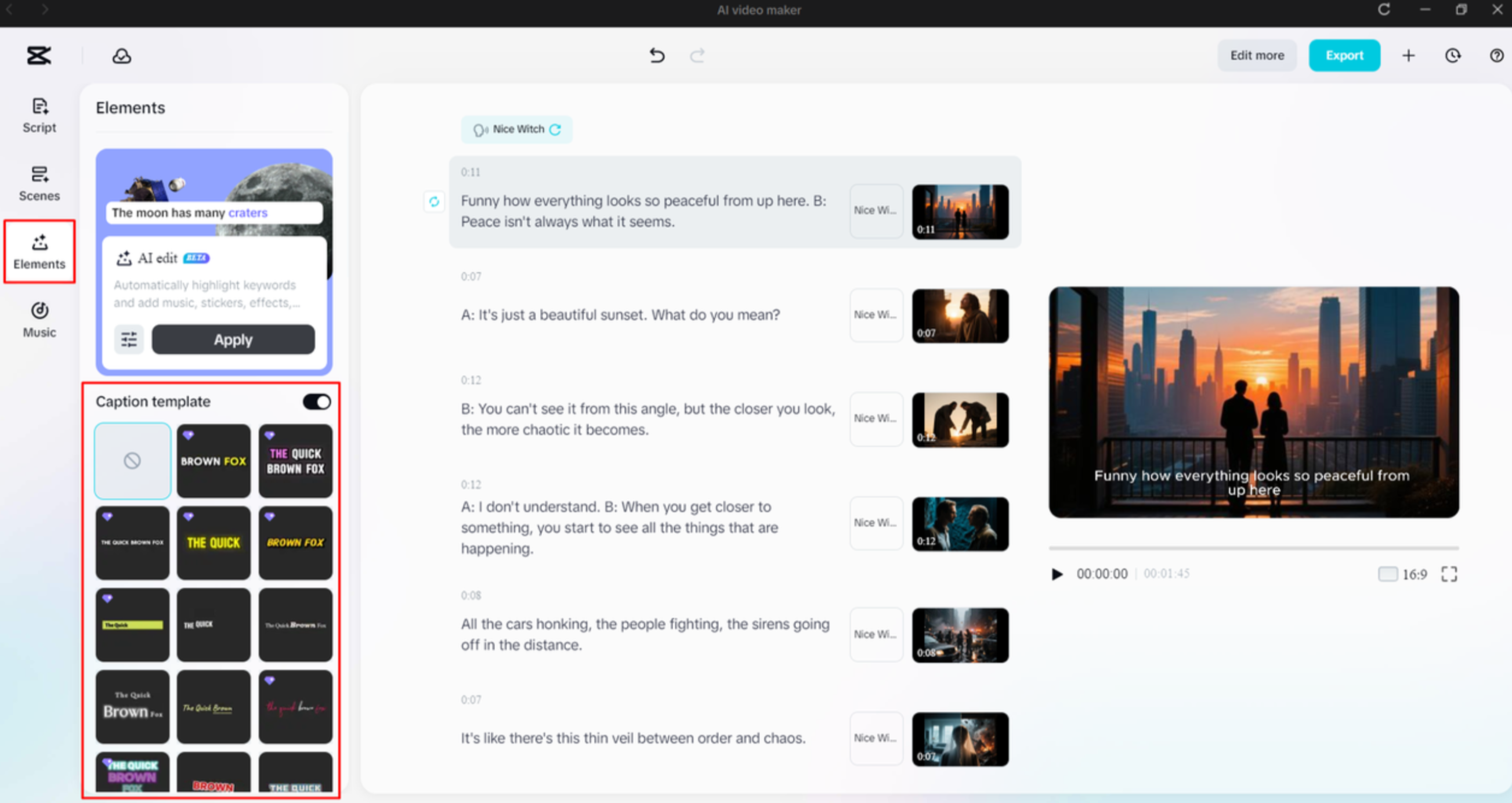 Adding captions templates to a video with CapCut AI video maker