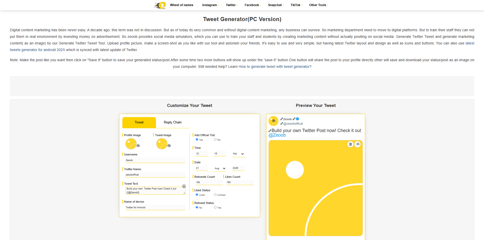 Interface of Zeoob - a valuable Twitter post generator