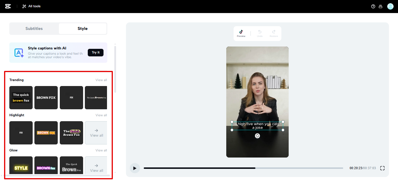CapCut Web'deki hazır altyazı şablonları