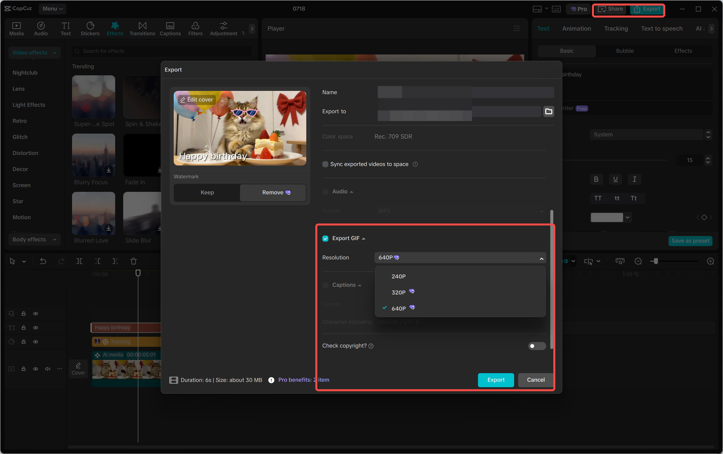 Exporting the GIF from the CapCut desktop video editor