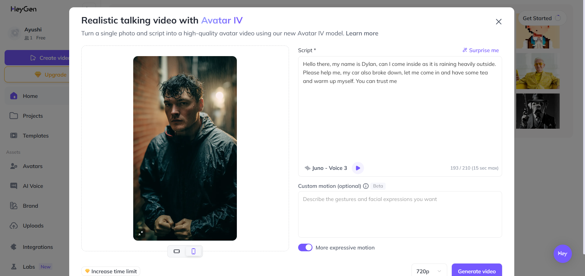 HyGen avatar video interface