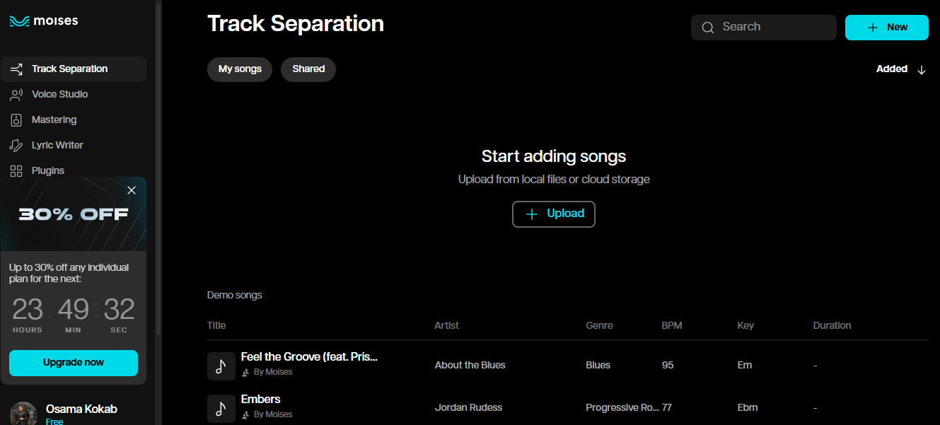 Upload the music file to Moises.ai