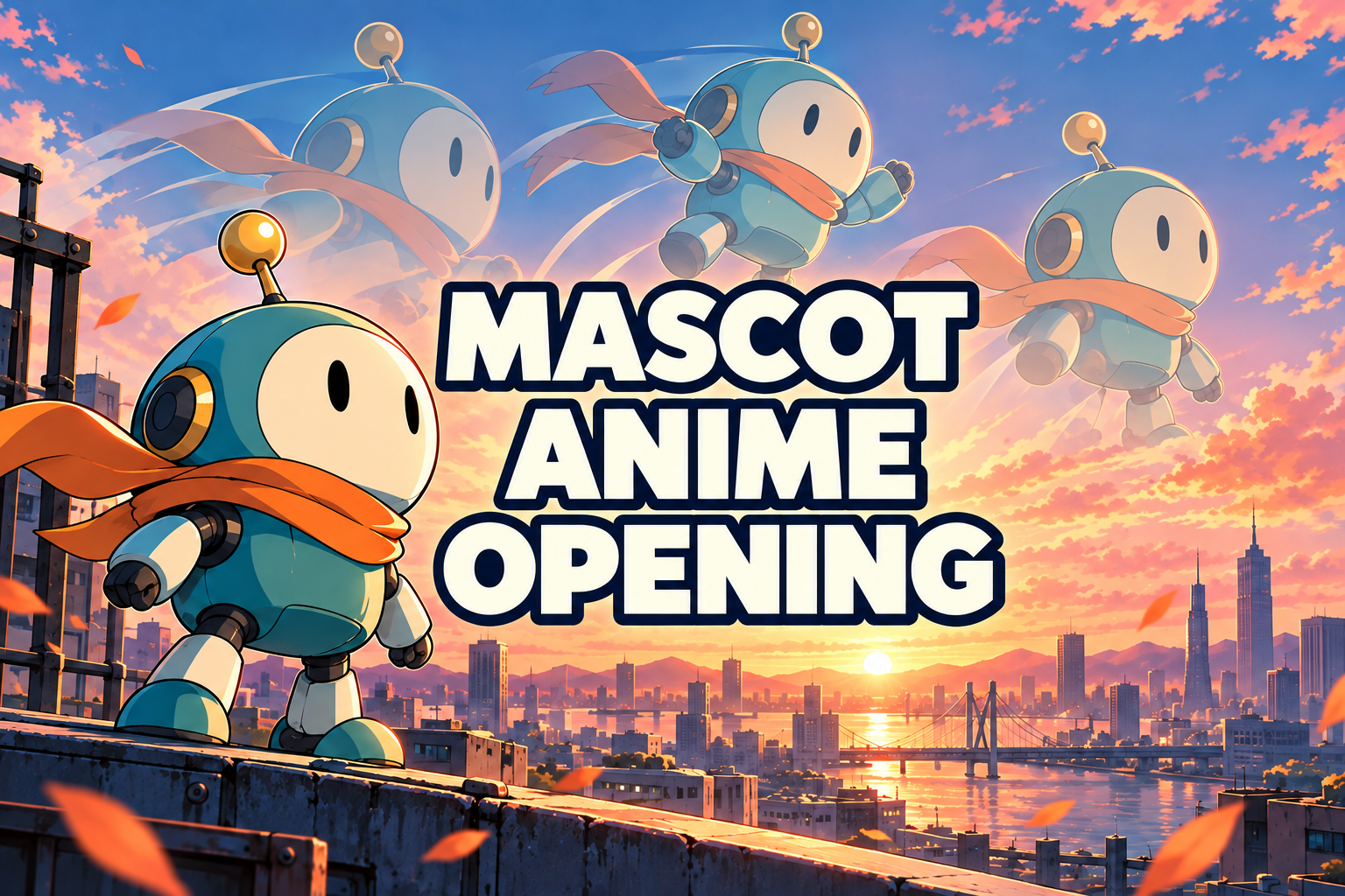 Original robot mascot at dawn with the title Mascot Anime Opening