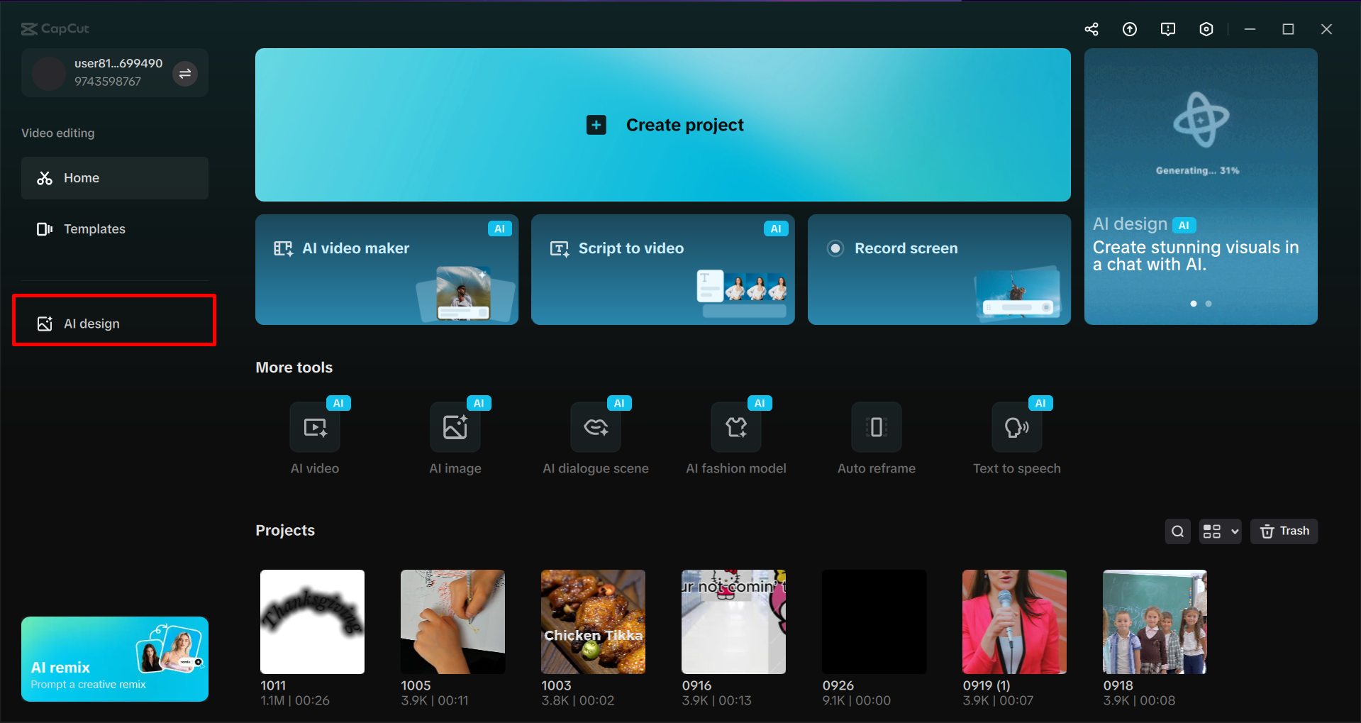 Accessing the AI design tool in the CapCut desktop video editor