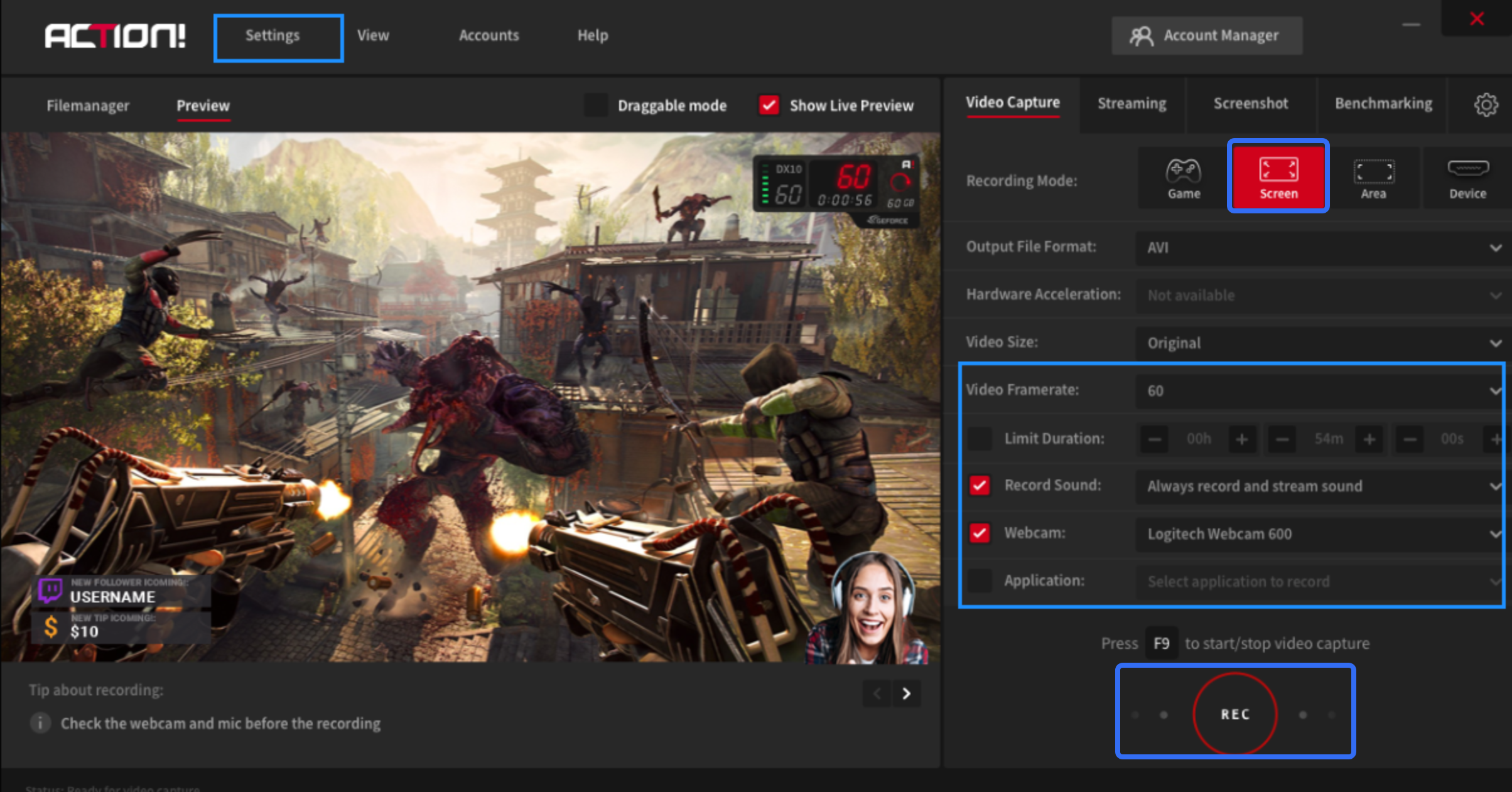 Starting recording in the Action screen recorder