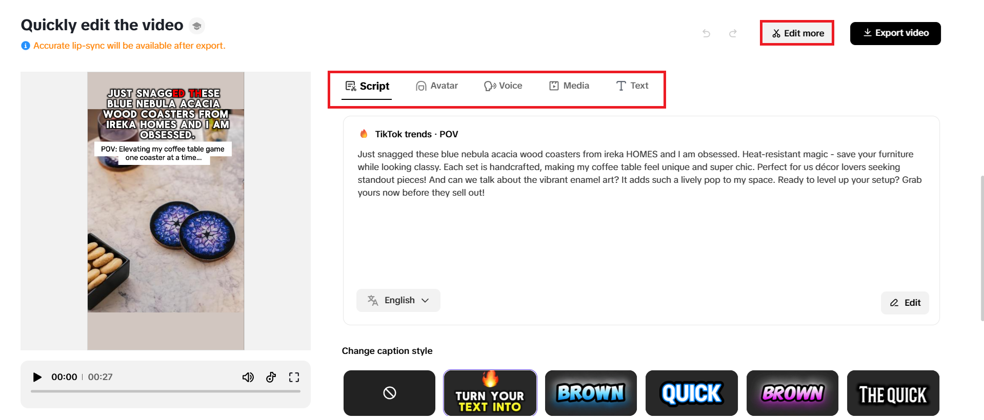 Quick editing options
