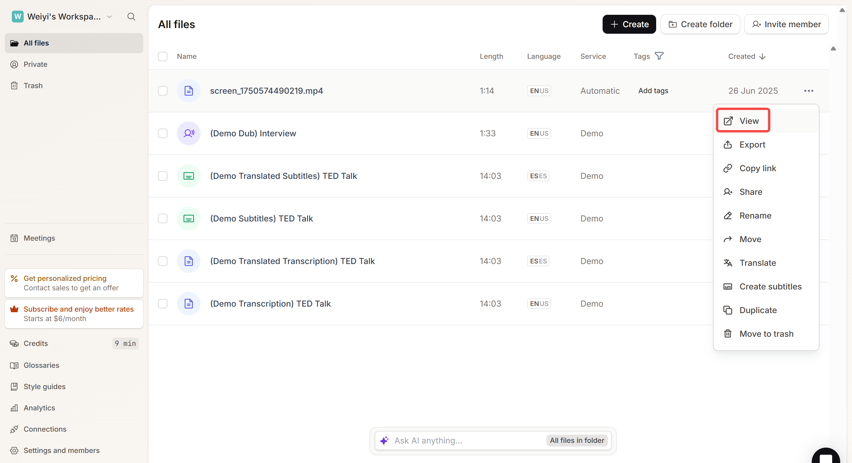 Happy Scribe system will display the transcribed file in the workspace