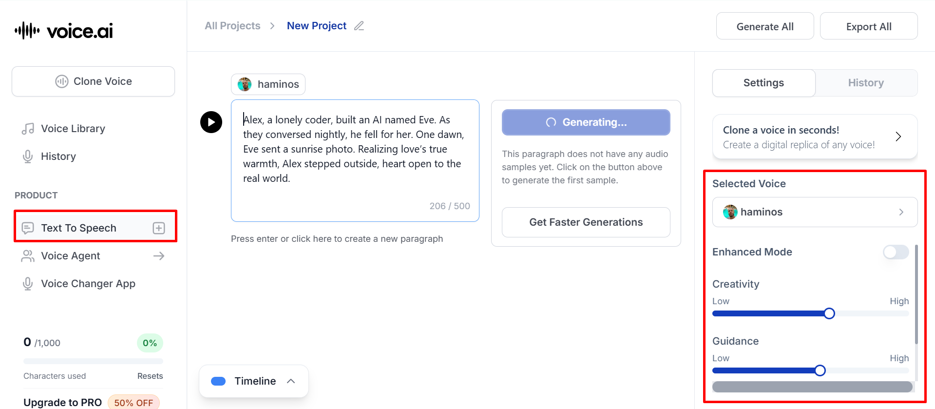 Upravit nastavení ve volném Voice.ai textu na řeč