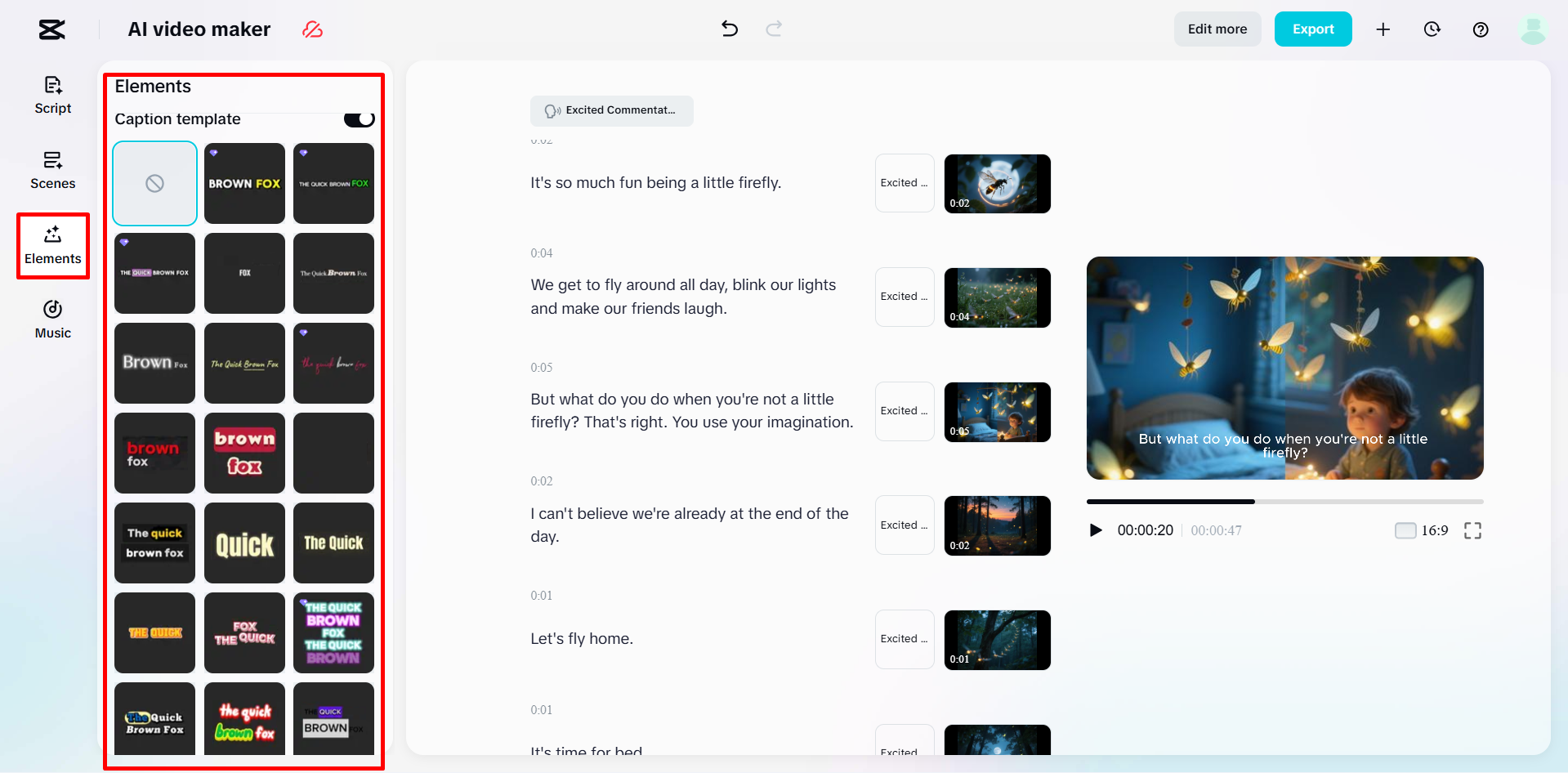 Anwendung einer Untertitelvorlage auf das Video im KI-Videoersteller von CapCut