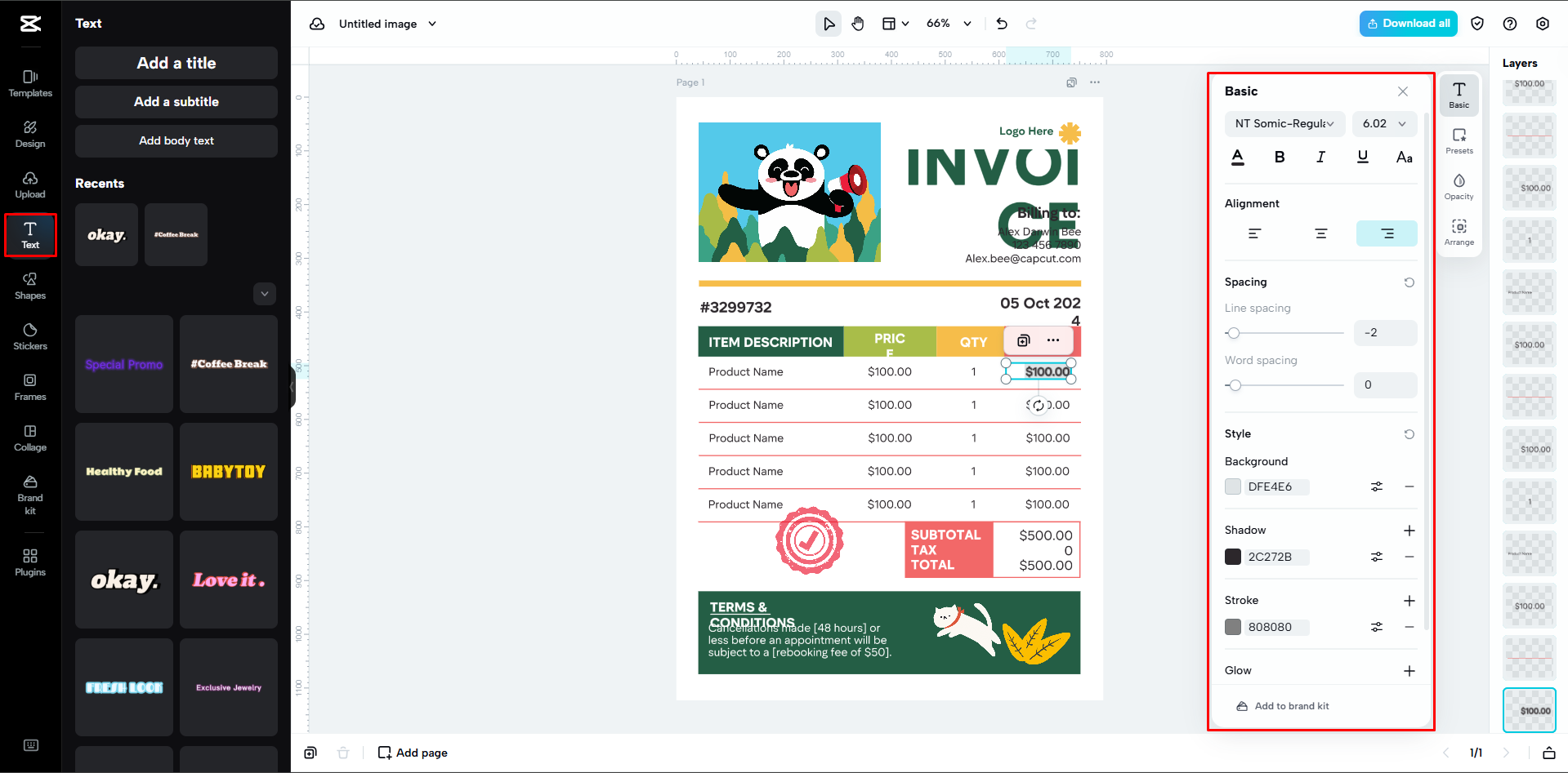 Editando um modelo de fatura no CapCut Web
