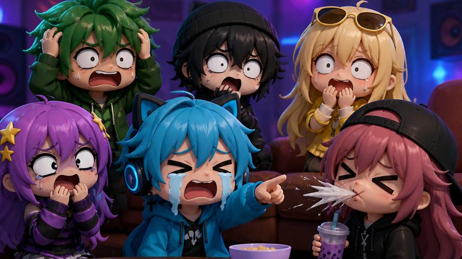 Gacha Memes - bunte Gruppenreaktion mit übertriebenen Ausdrücken