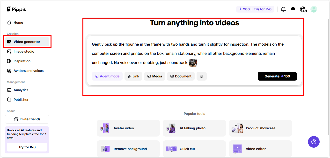 Binubuksan ang video generator sa Pippit