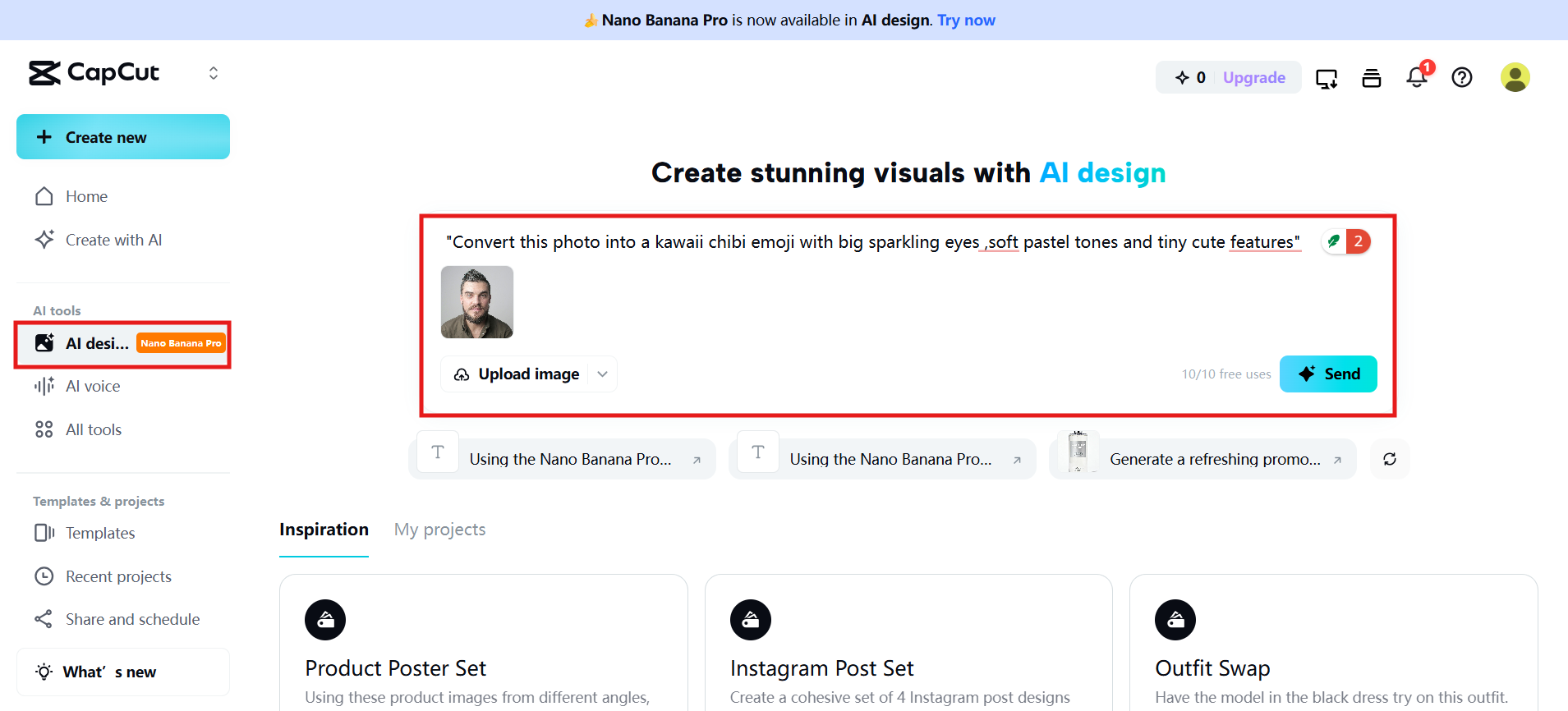 CapCut Web interface showing AI design prompt.