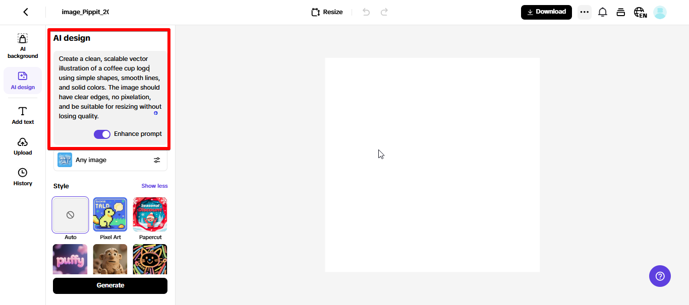 Paglalagay ng prompt sa Pippit