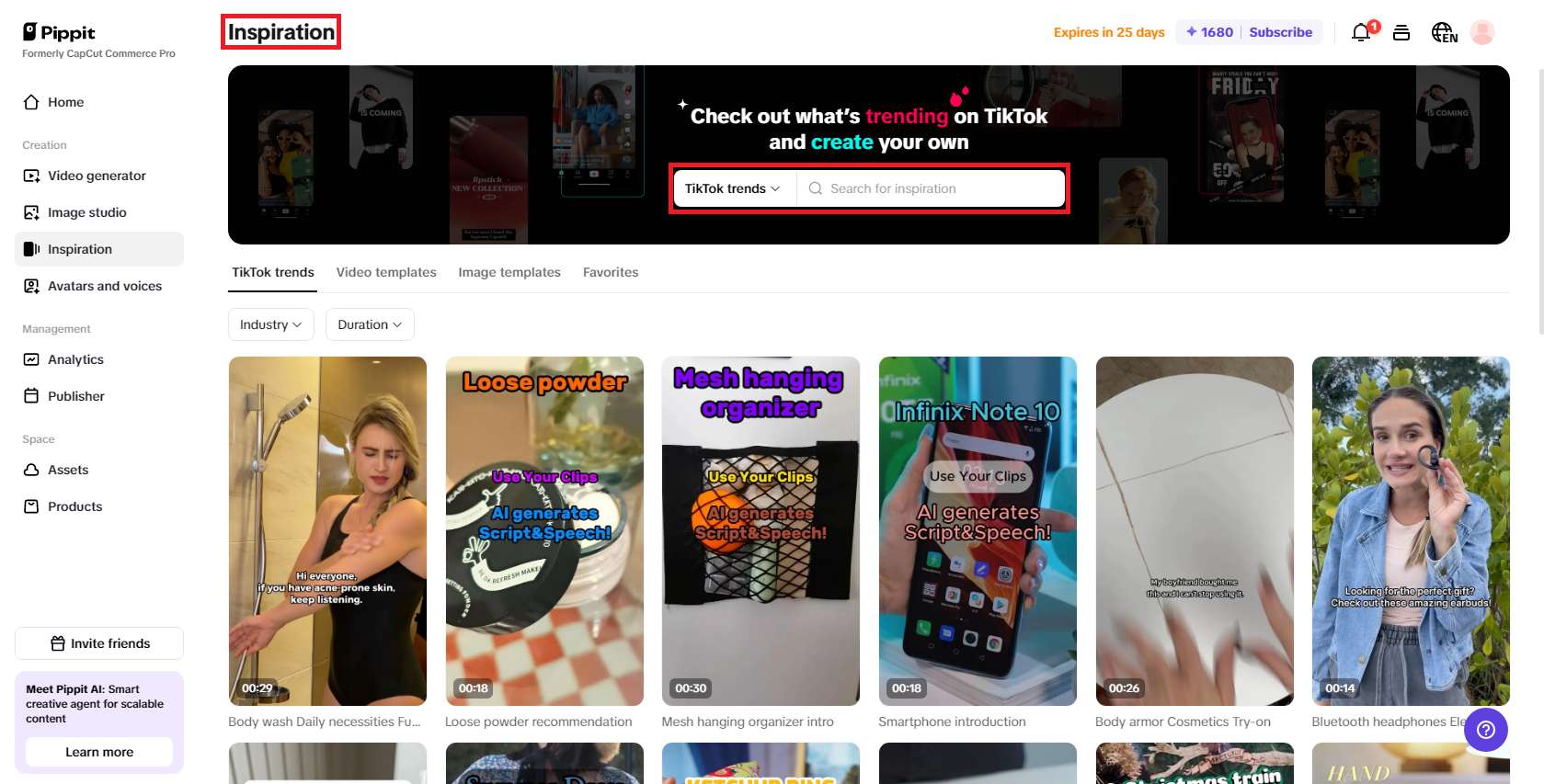 Click on the Inspiration tab