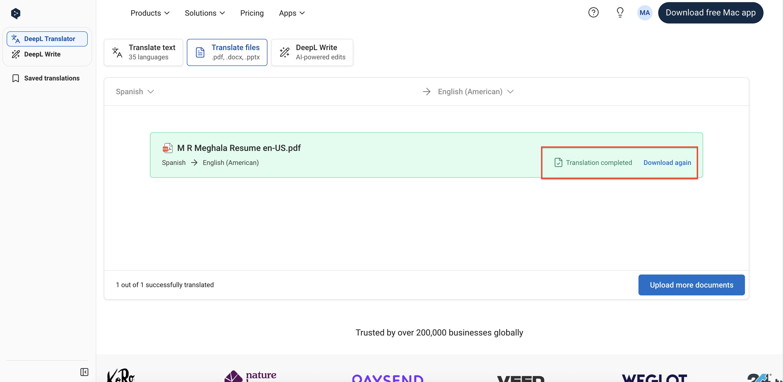 Download translated document