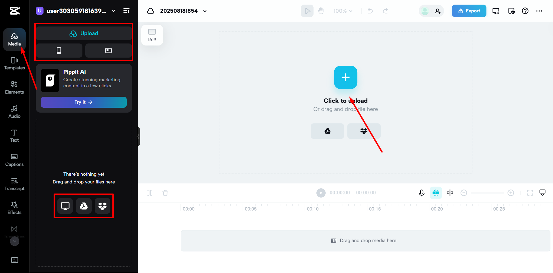 Das Video auf CapCut Web hochladen