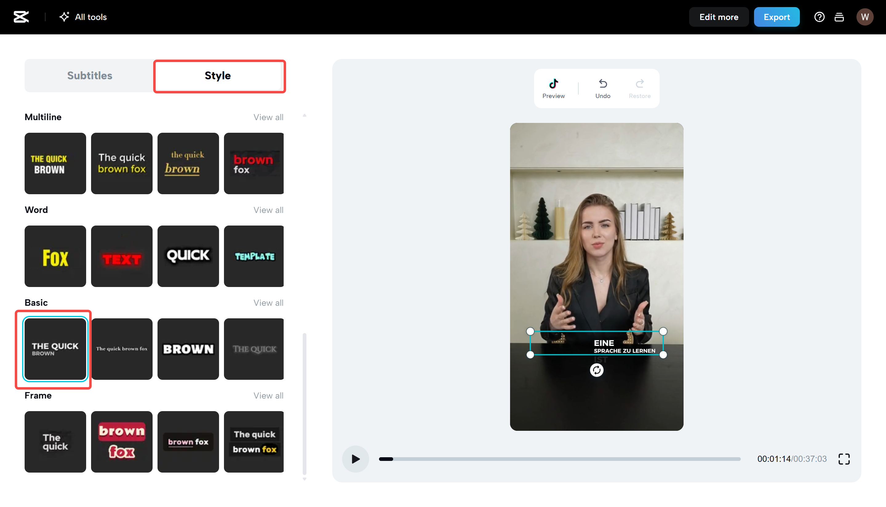 Choosing a caption style for video in CapCut Web