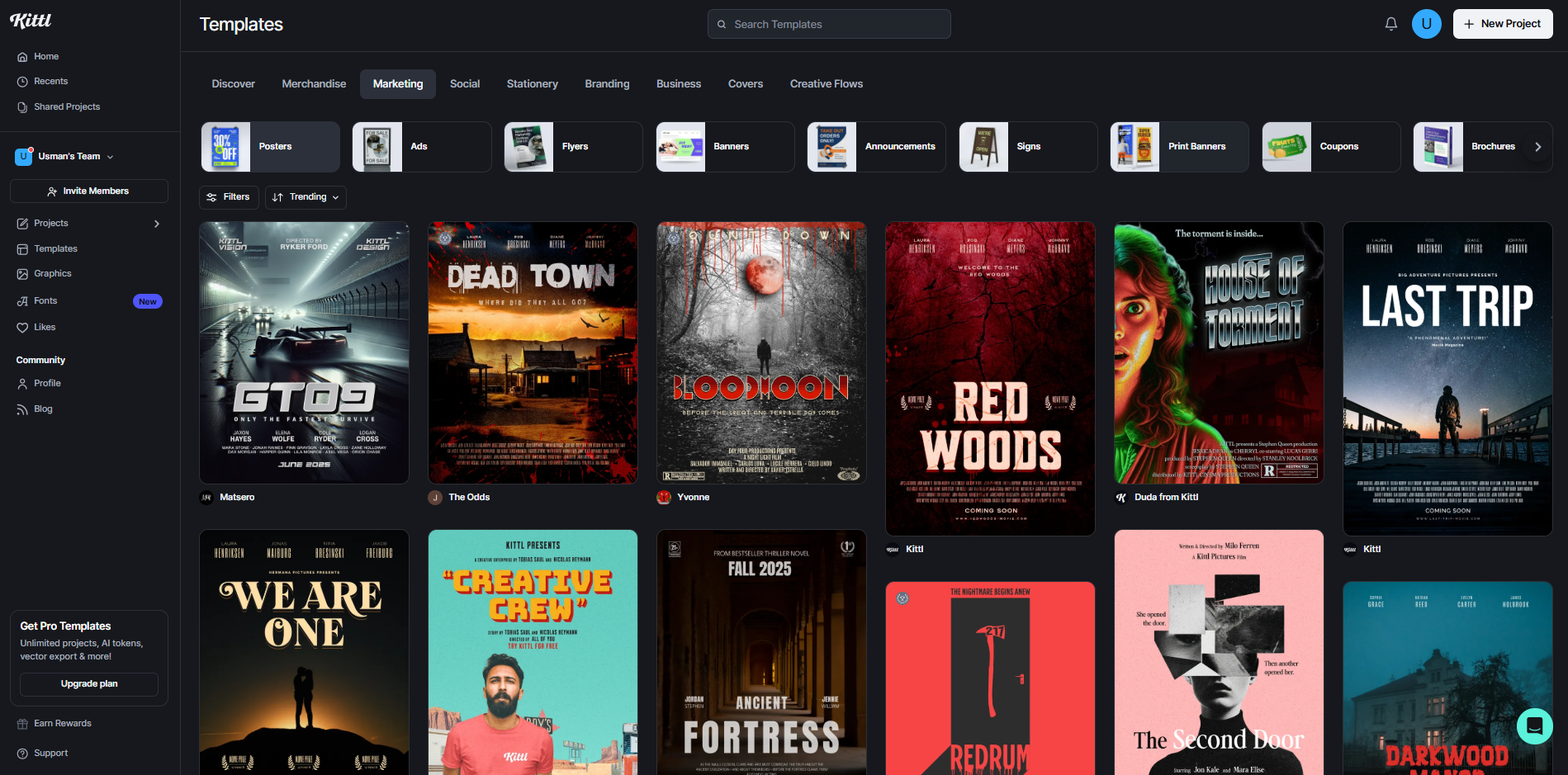 Interface of Kittl - an AI tool for generating movie poster designs