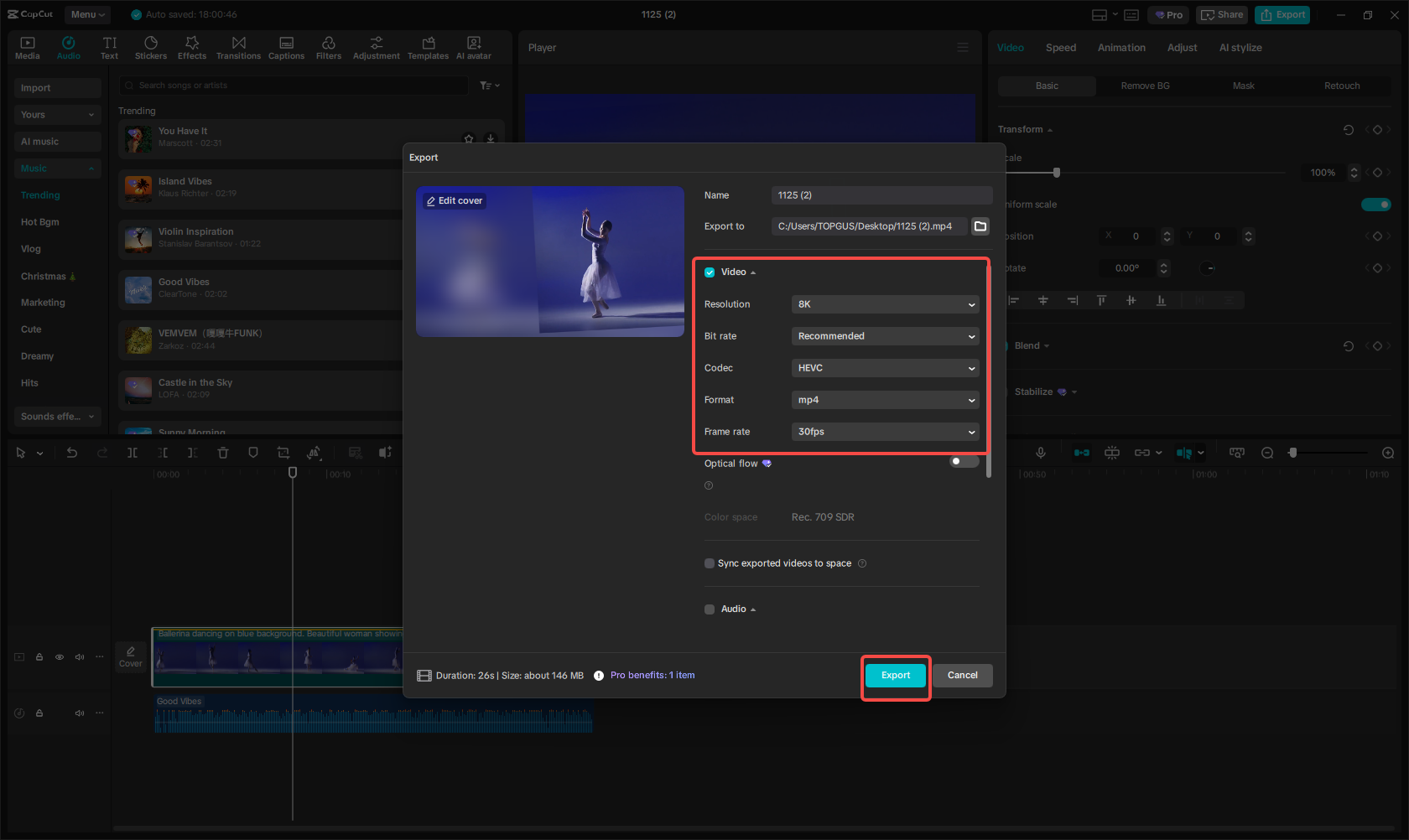 Export video from the CapCut desktop camera tracking tool