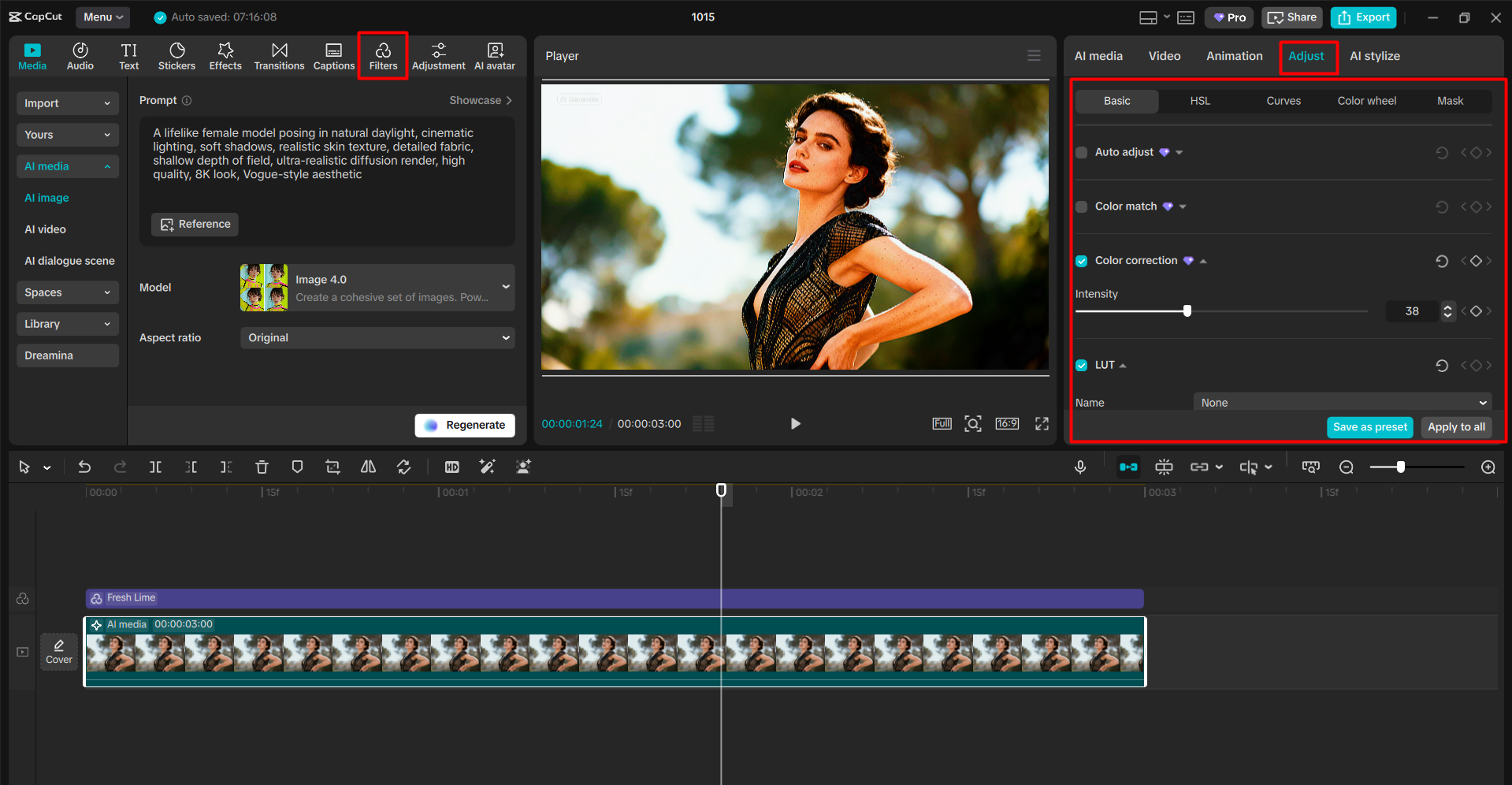 Editing the AI image in the Capcut desktop video editor