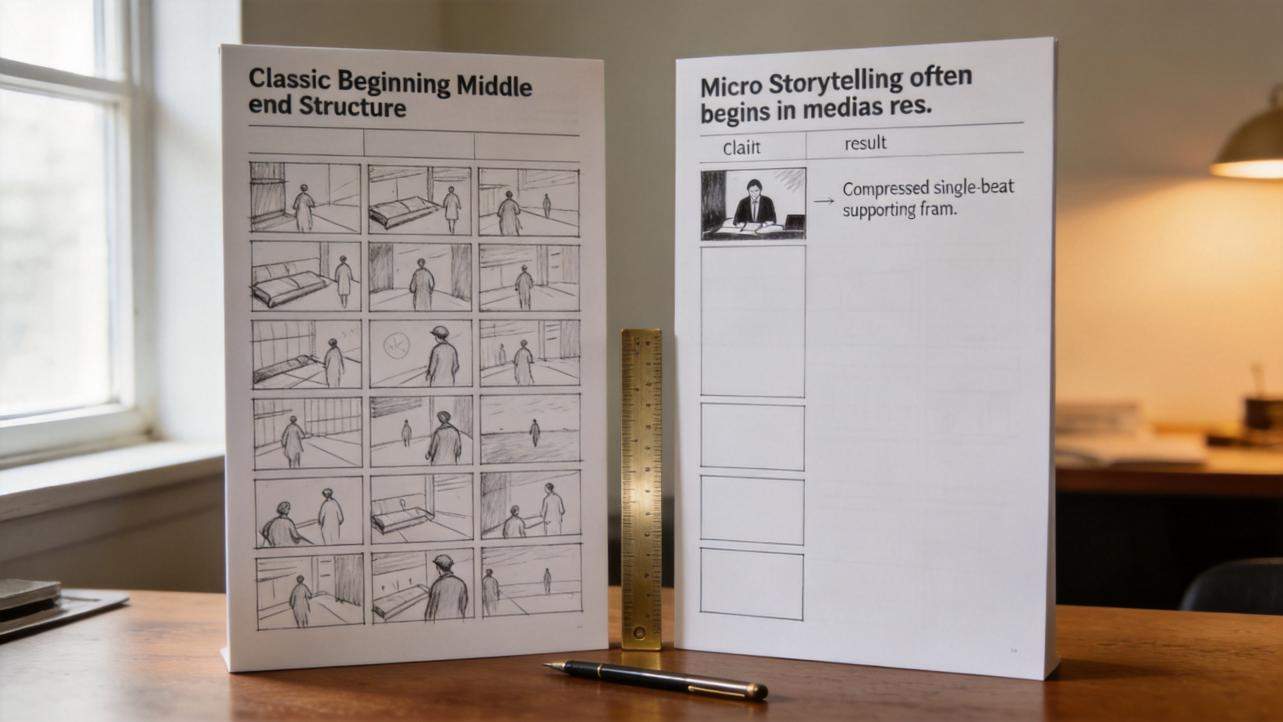 Two poster boards compare classic beginning-middle-end structure with micro storytelling in medias res