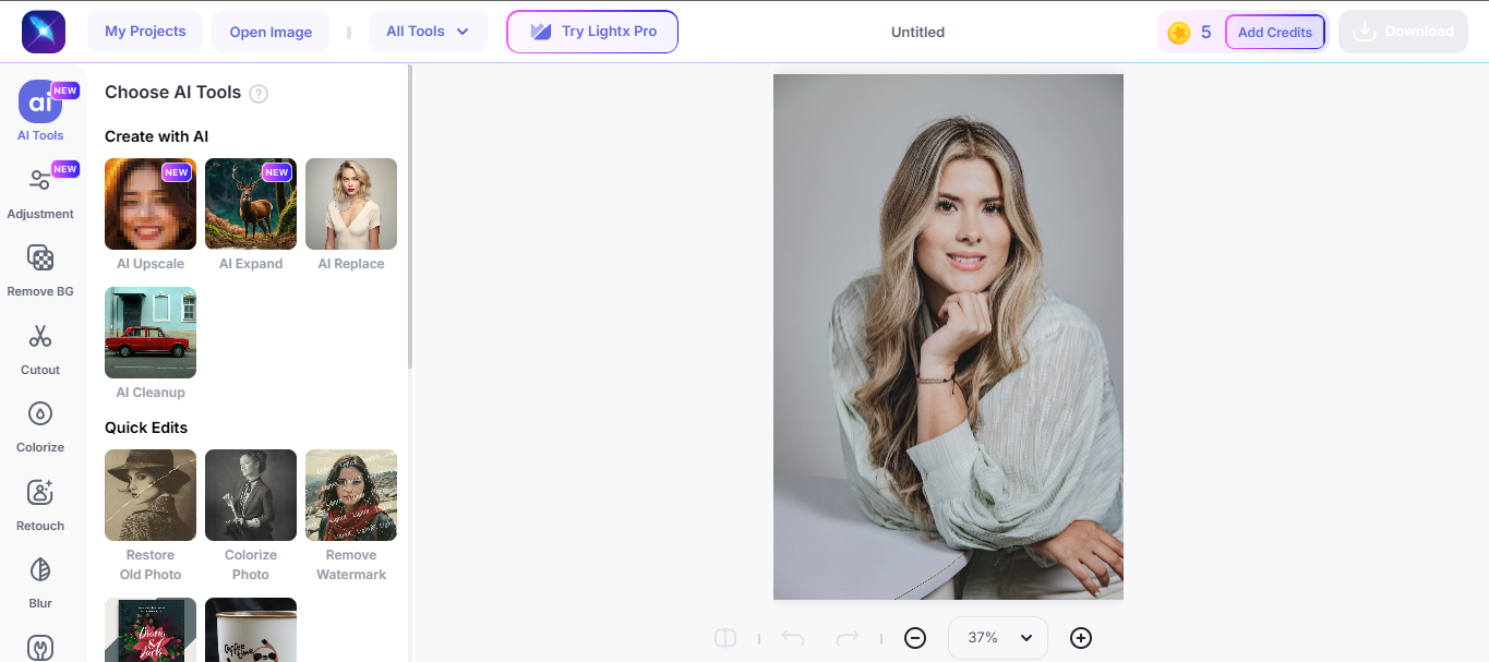 Interface of LightX - the best tool to edit clothes in a photo online for free