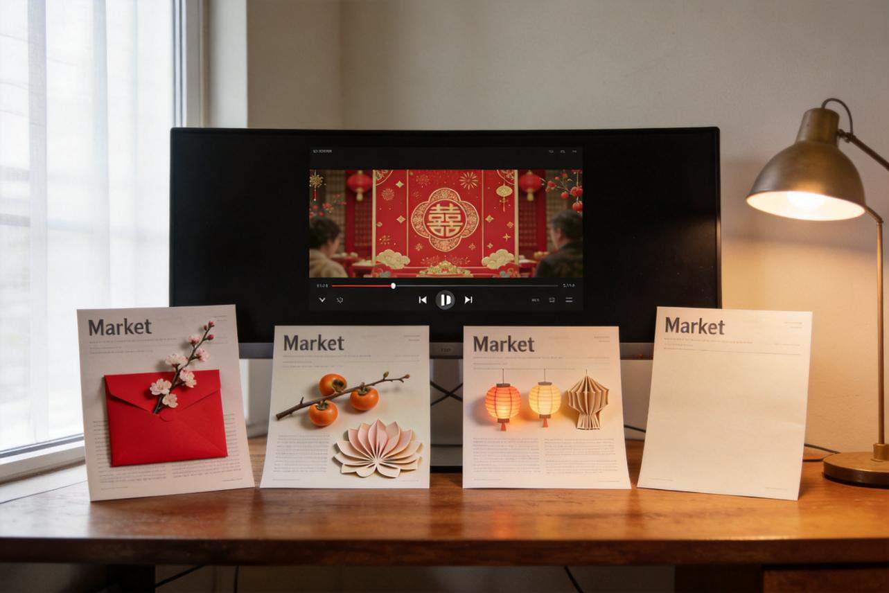 Desk display of Lunar New Year marketing mockups beside a monitor showing a festive red video scene