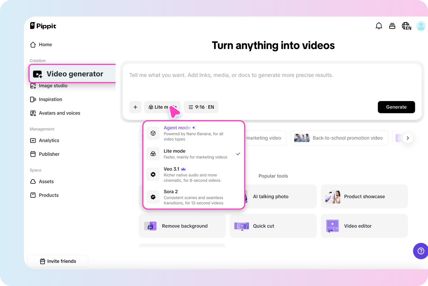 Enter video generation prompt