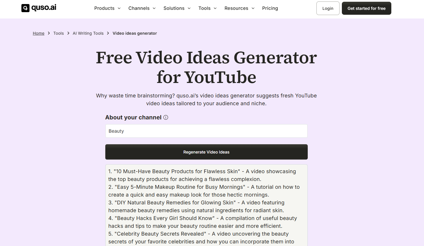 Quso.ai video ideas generator for YouTube