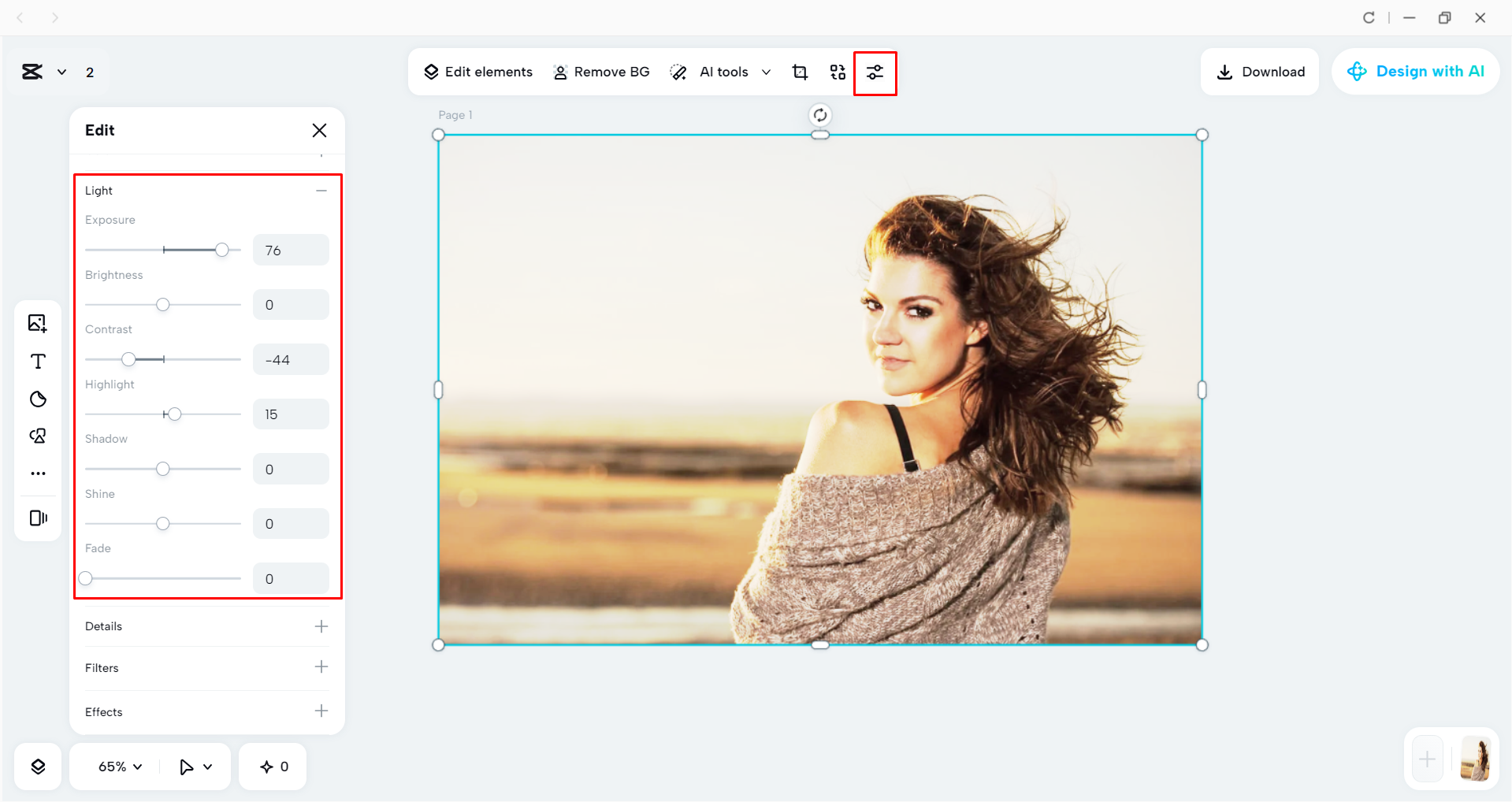 Adjusting the image exposure in the CapCut desktop video editor