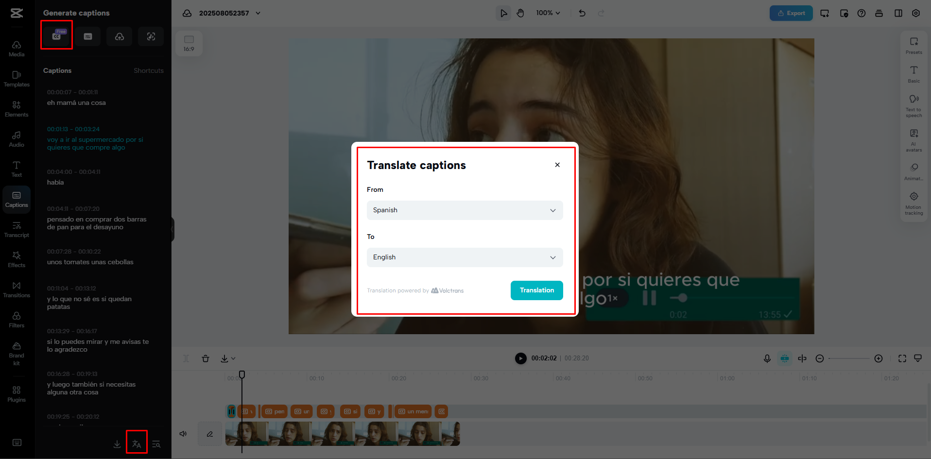 Generating English text from Spanish audio in CapCut Web