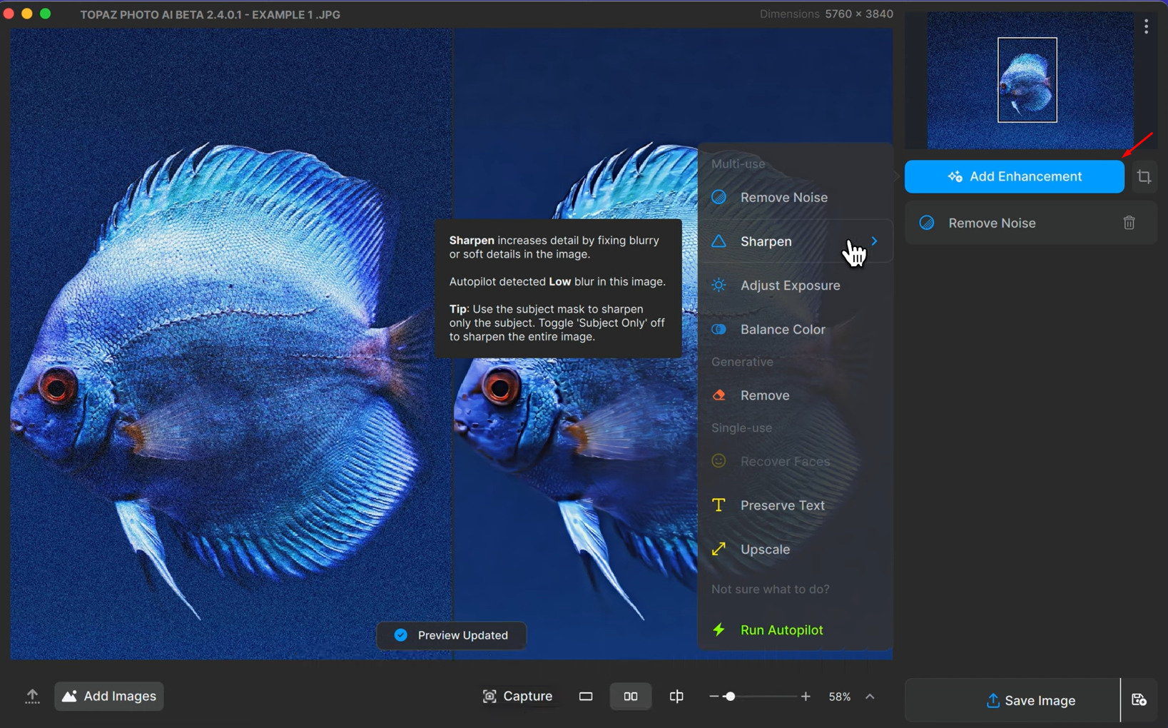 Uplatnění filtrů na obrázek pomocí Topaz AI