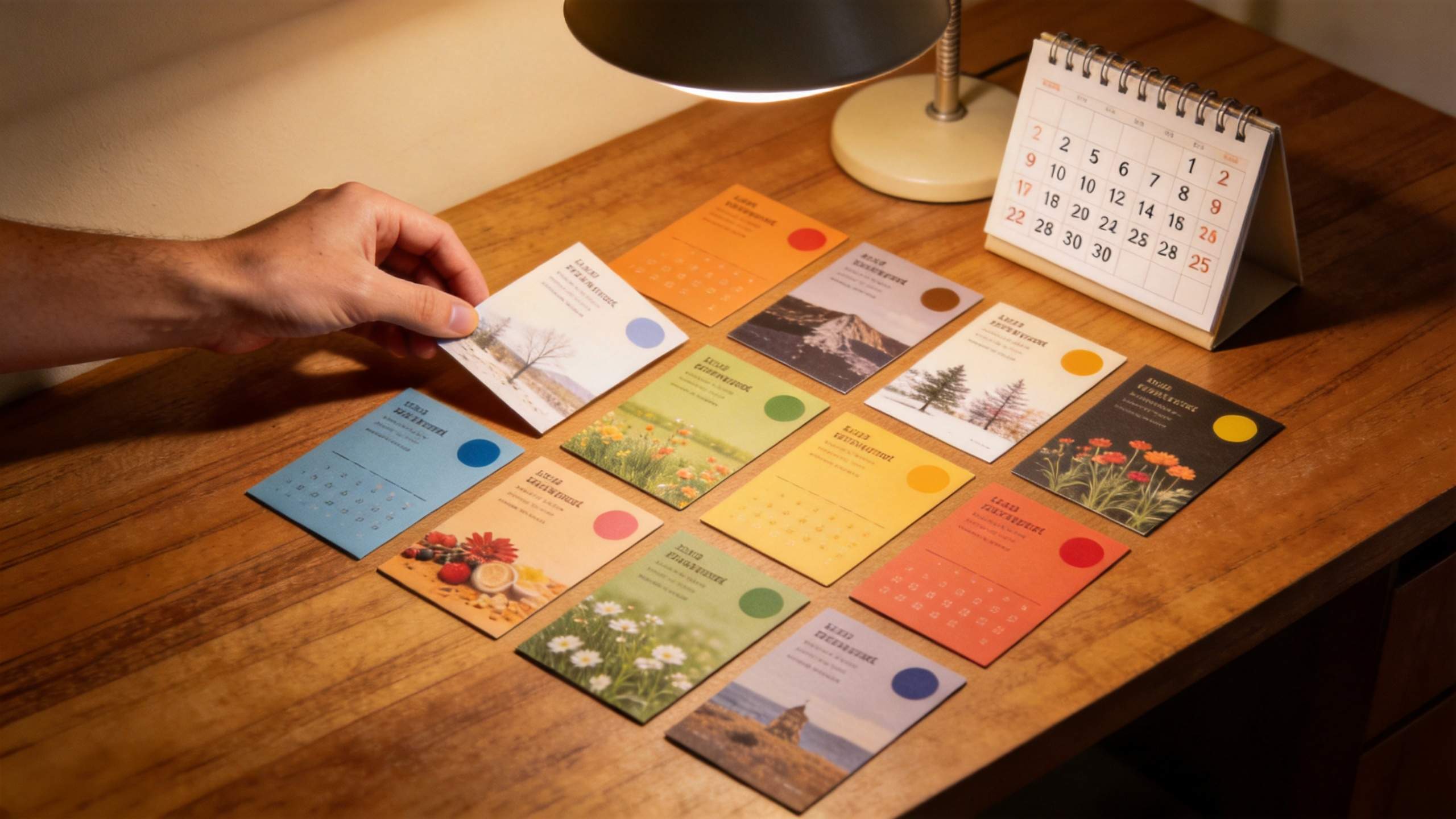 Hand placing seasonal promo cards on a wooden desk beside a desk calendar