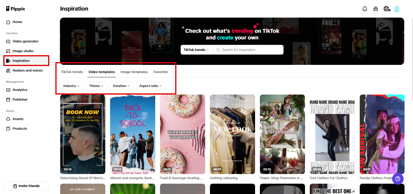 Preset templates in Pippit