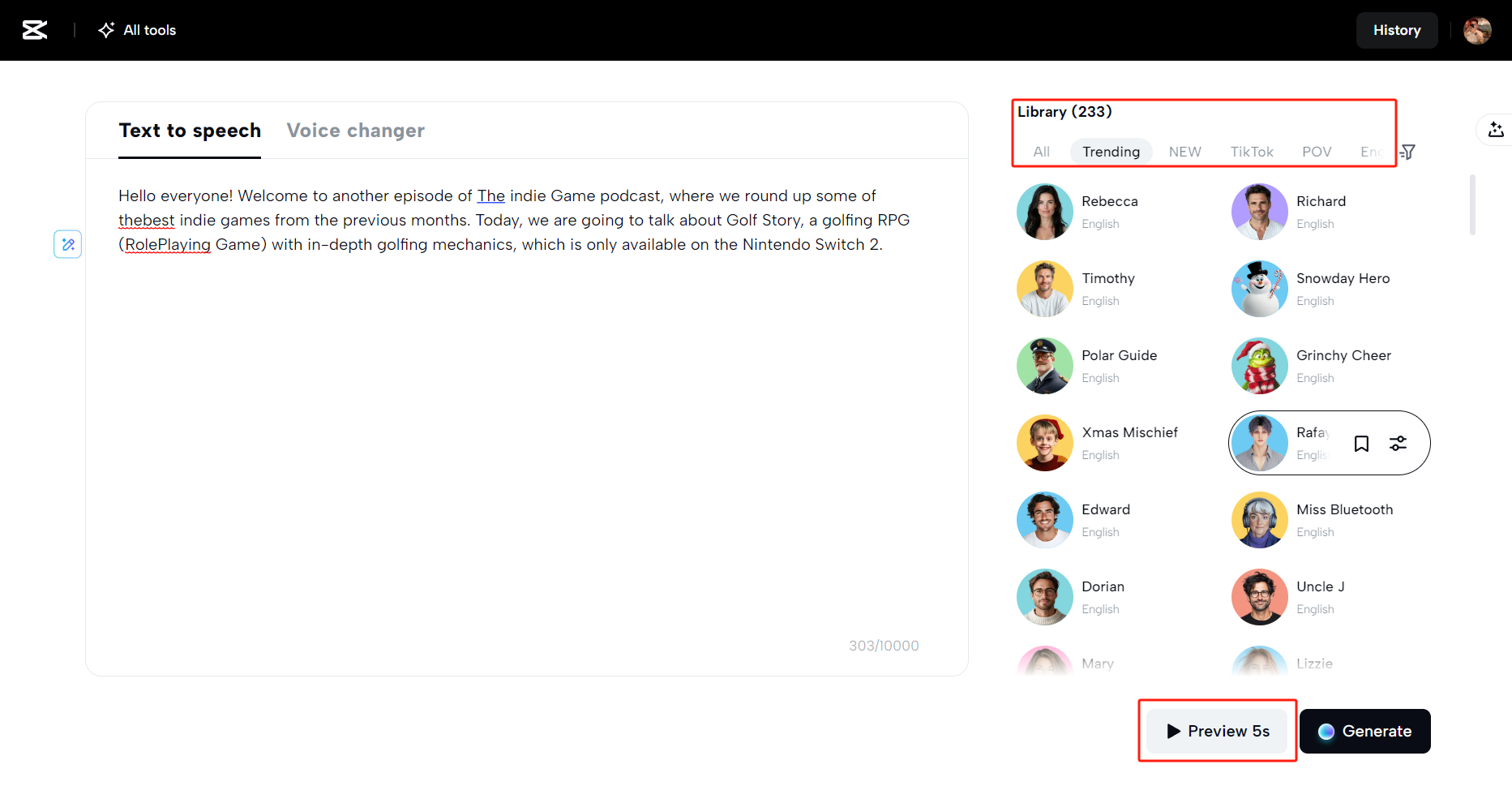 בחר קול ותצוגה מקדימה