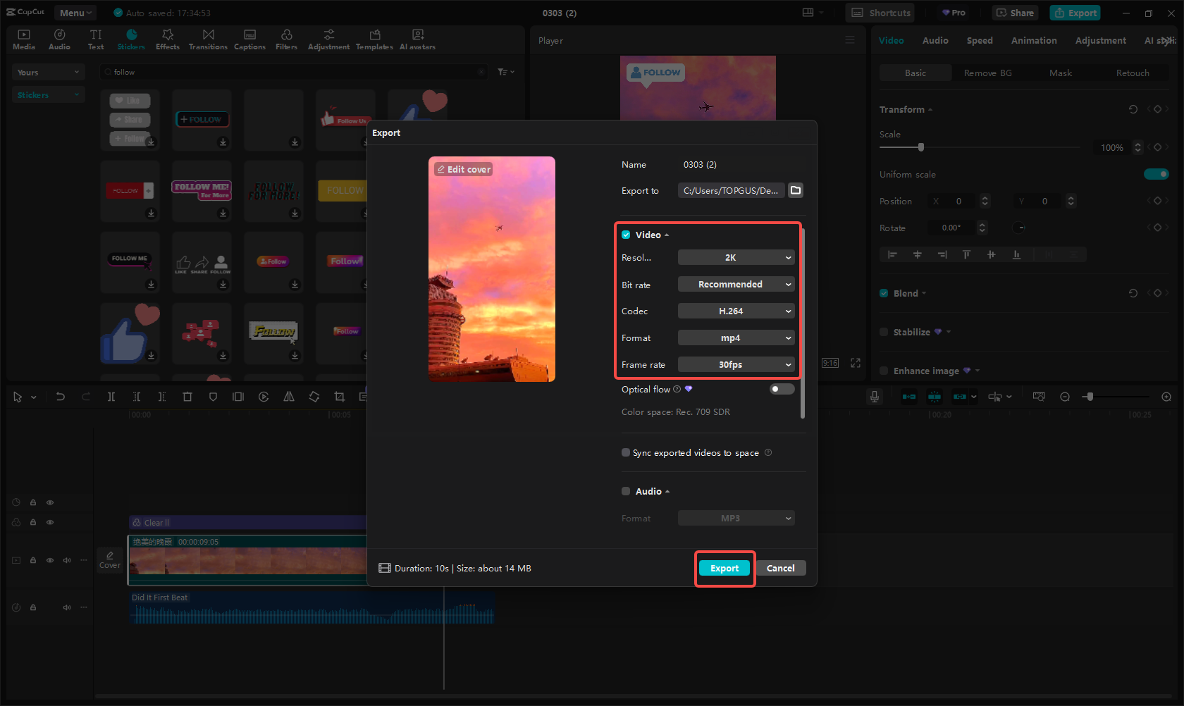 Exporting the Facebook Reel in CapCut