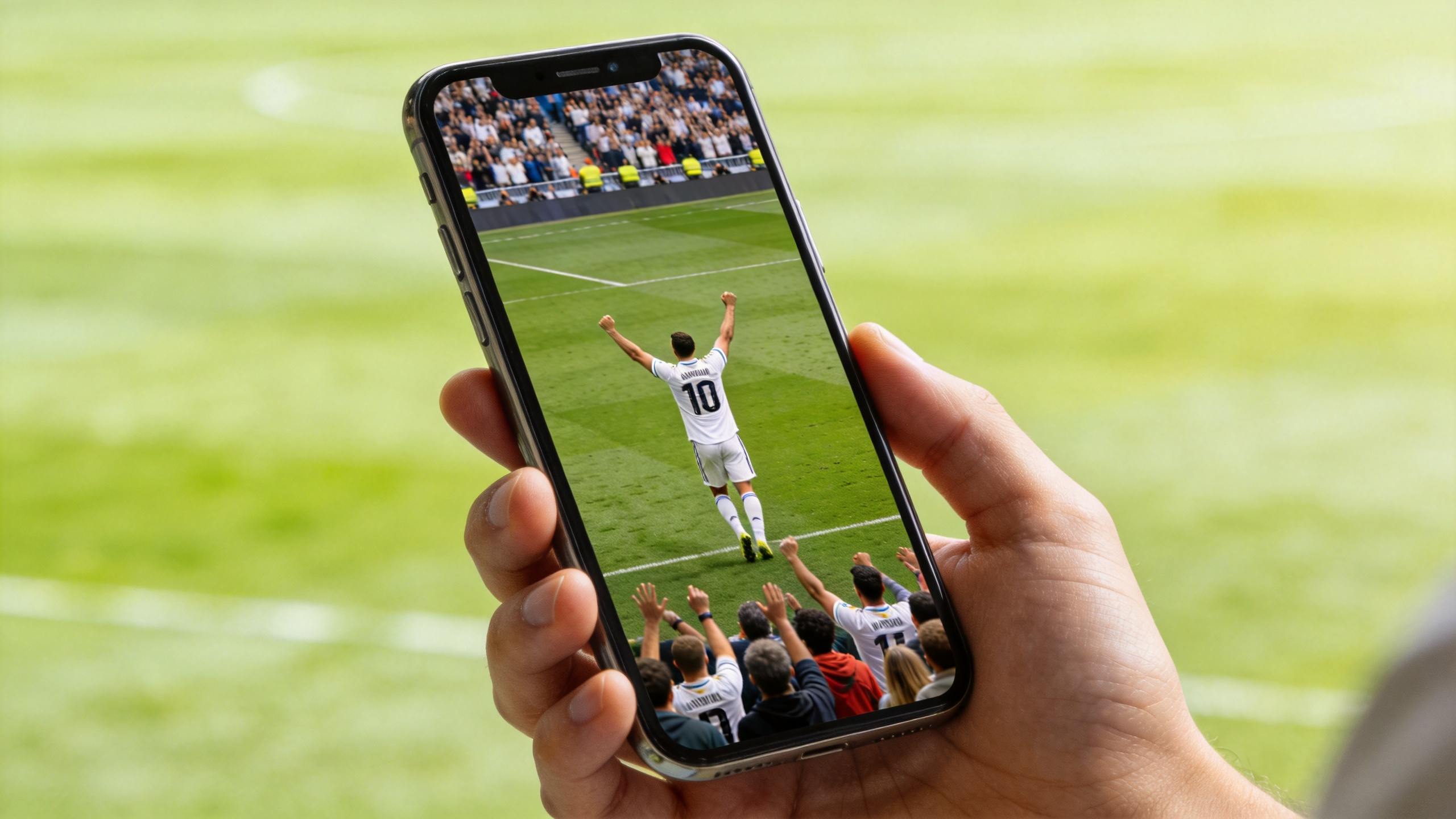 Hand holding a smartphone showing a soccer player celebrating a goal in stadium