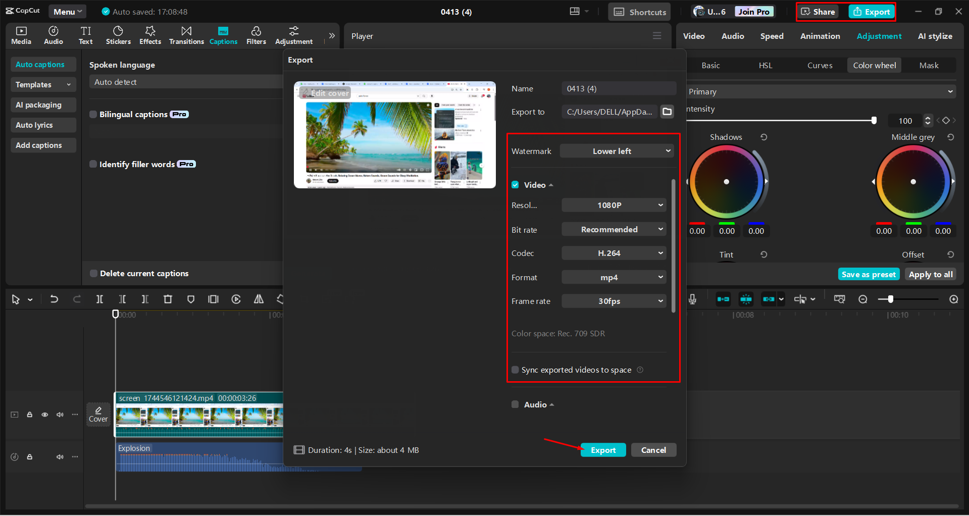 Експорт відео з настільного відеоредактора CapCut