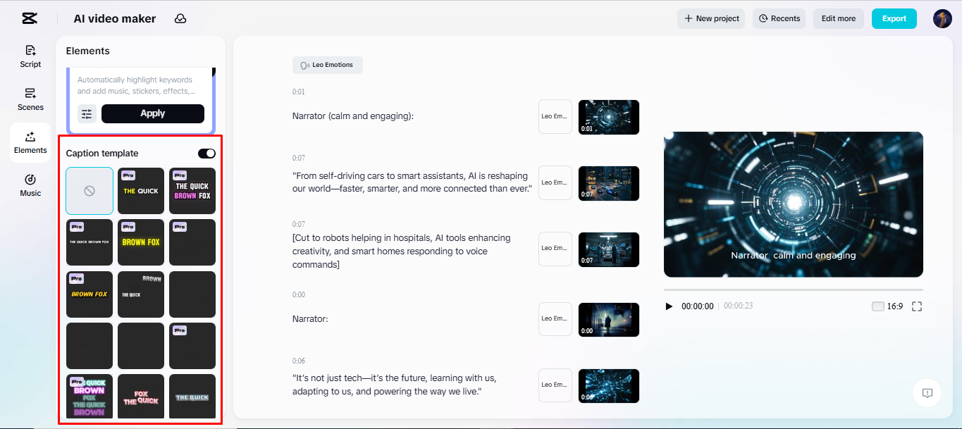 Adding captions to video in CapCut's AI video maker