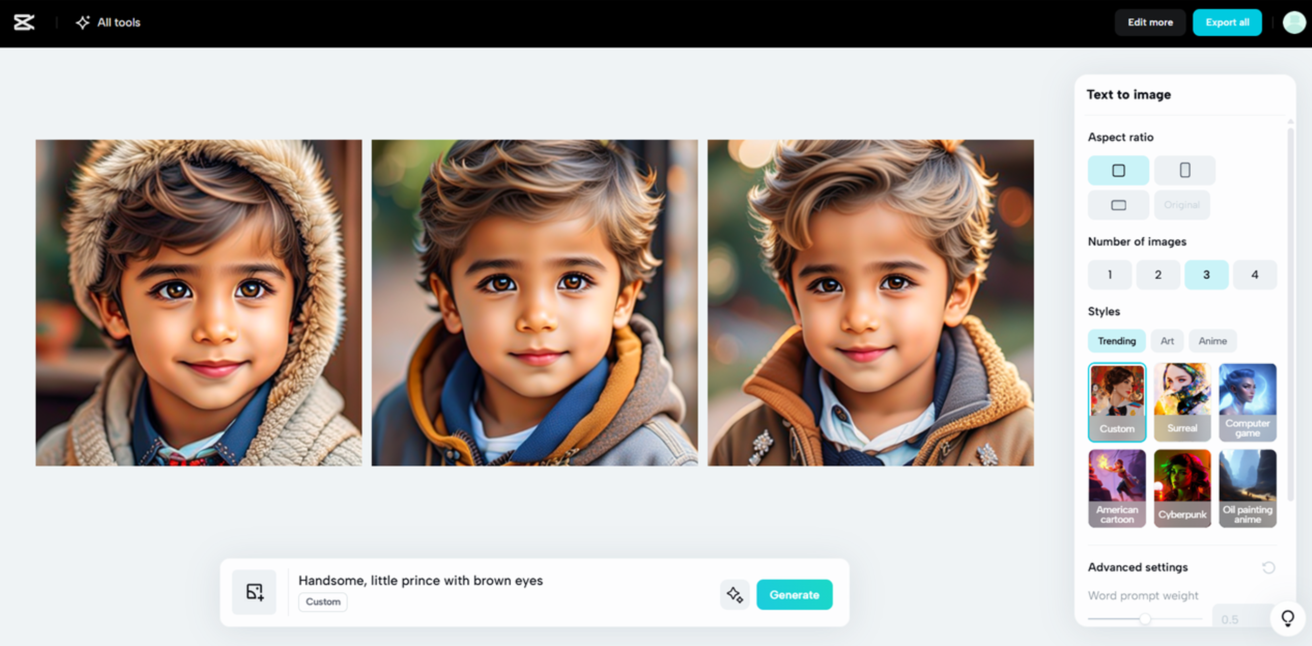 Interface of CapCut Web - the best tool to generate an image from text