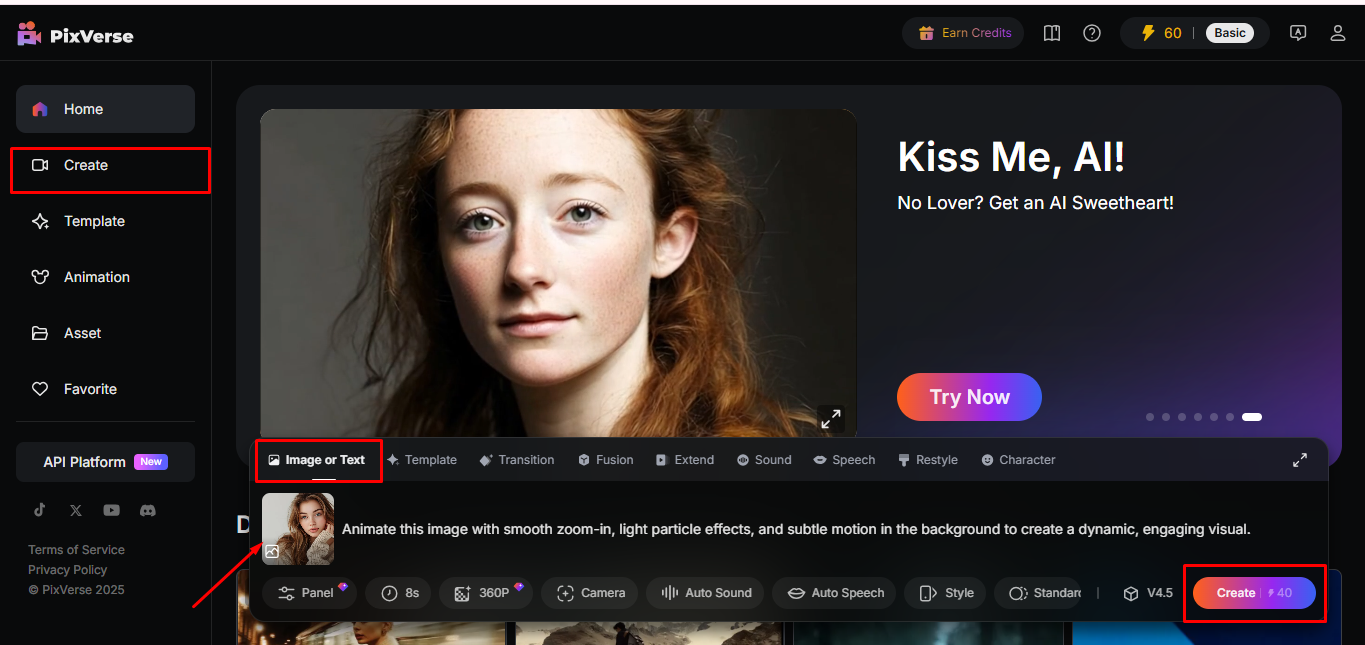 Imej menunjukkan cara menganimasikan imej anda pada PixVerse