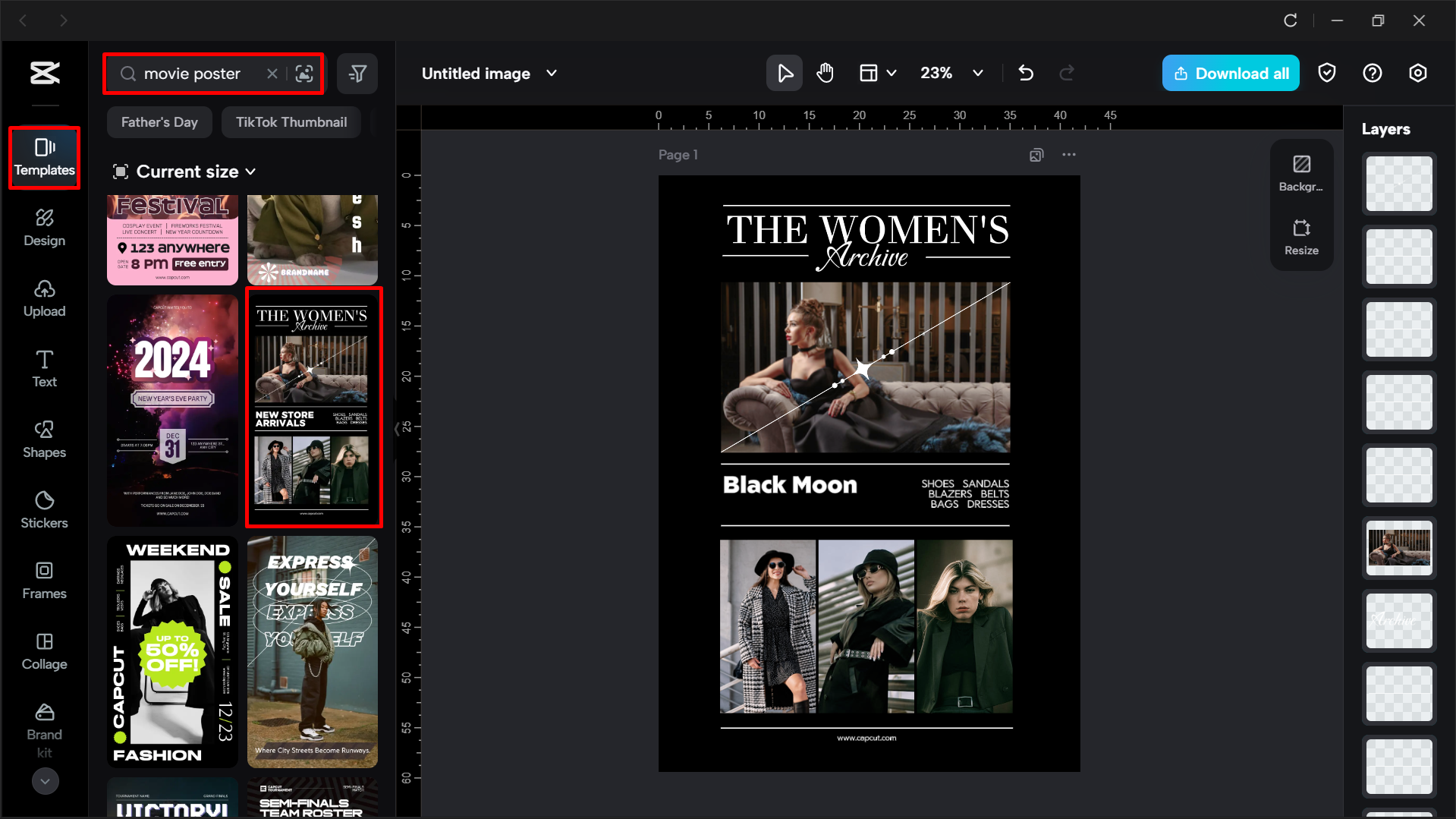 Searching for movie poster templates in the CapCut desktop video editor