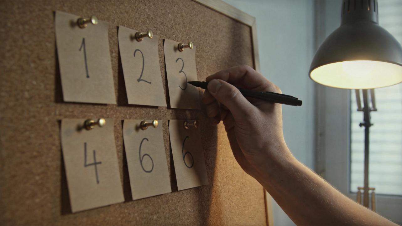 Hand writing on a pinned numbered note on a corkboard beside a desk lamp