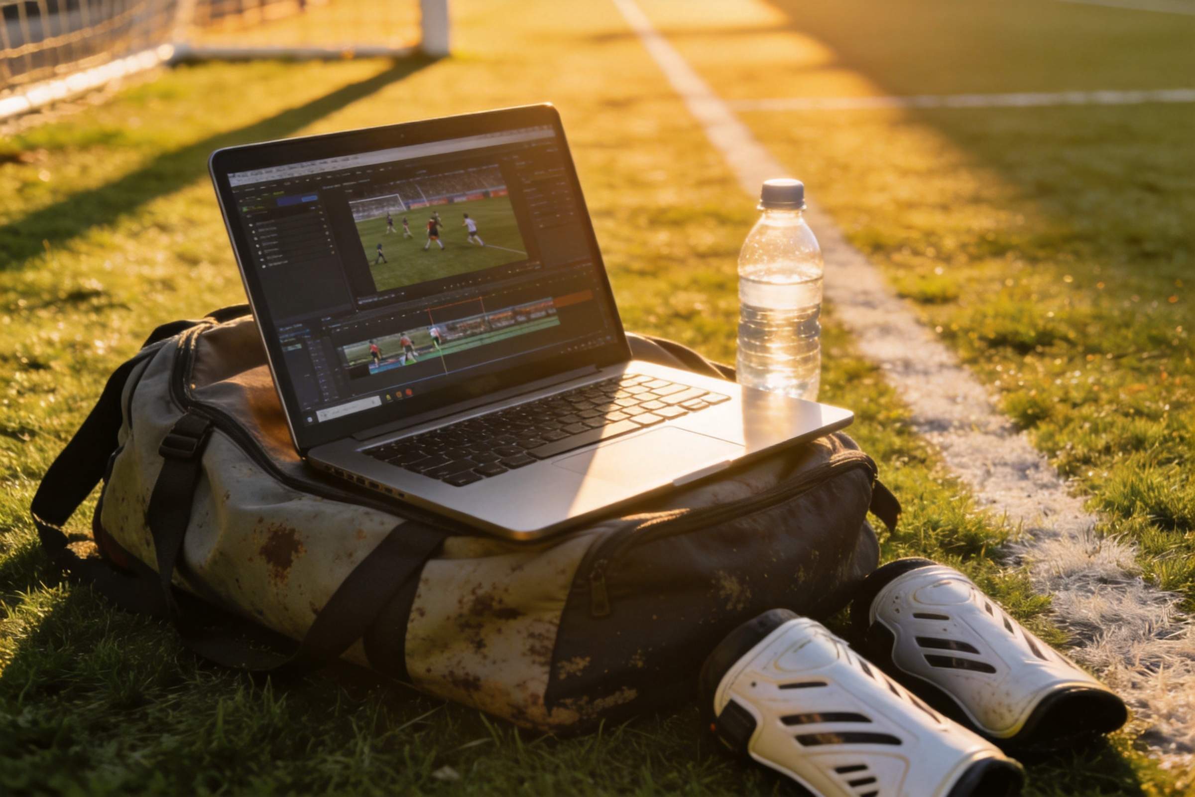 Laptop on a soccer bag beside cleats and a water bottle on the field, showing video editing